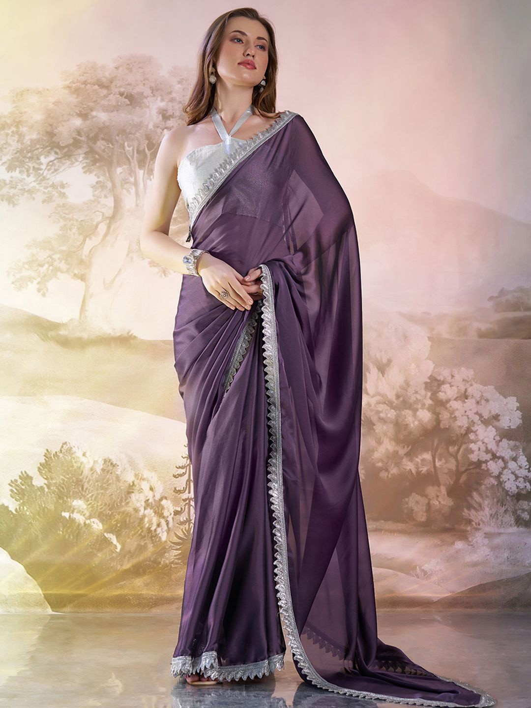 

Mitera Embellished Sequinned Satin Saree, Purple