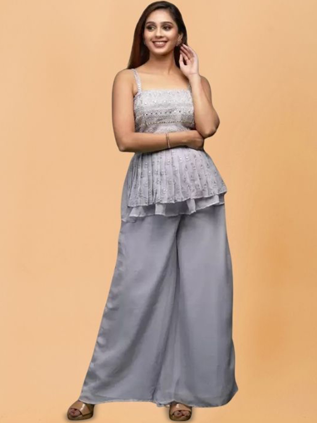 

PARROT CREATION Mirror Embroidered Sequinned Round Neck Kurti with Sharara & Dupatta, Grey