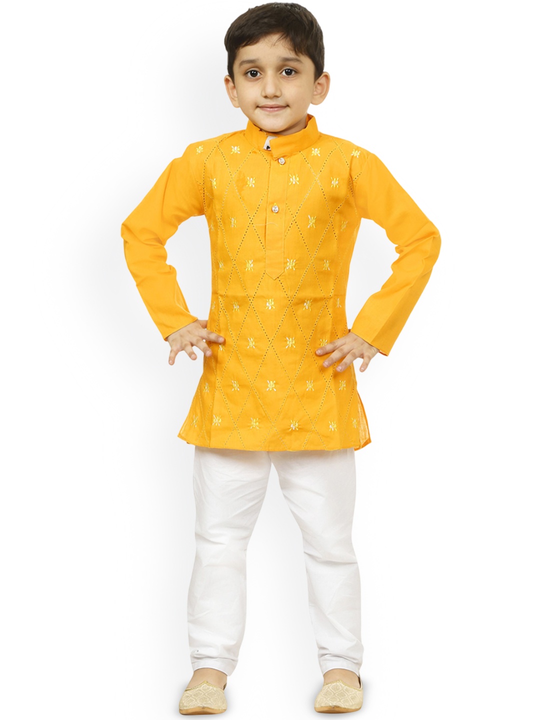 

Cae Boys Floral Embroidered Mandarin Collar Thread Work Straight Kurta With Churidar, Yellow