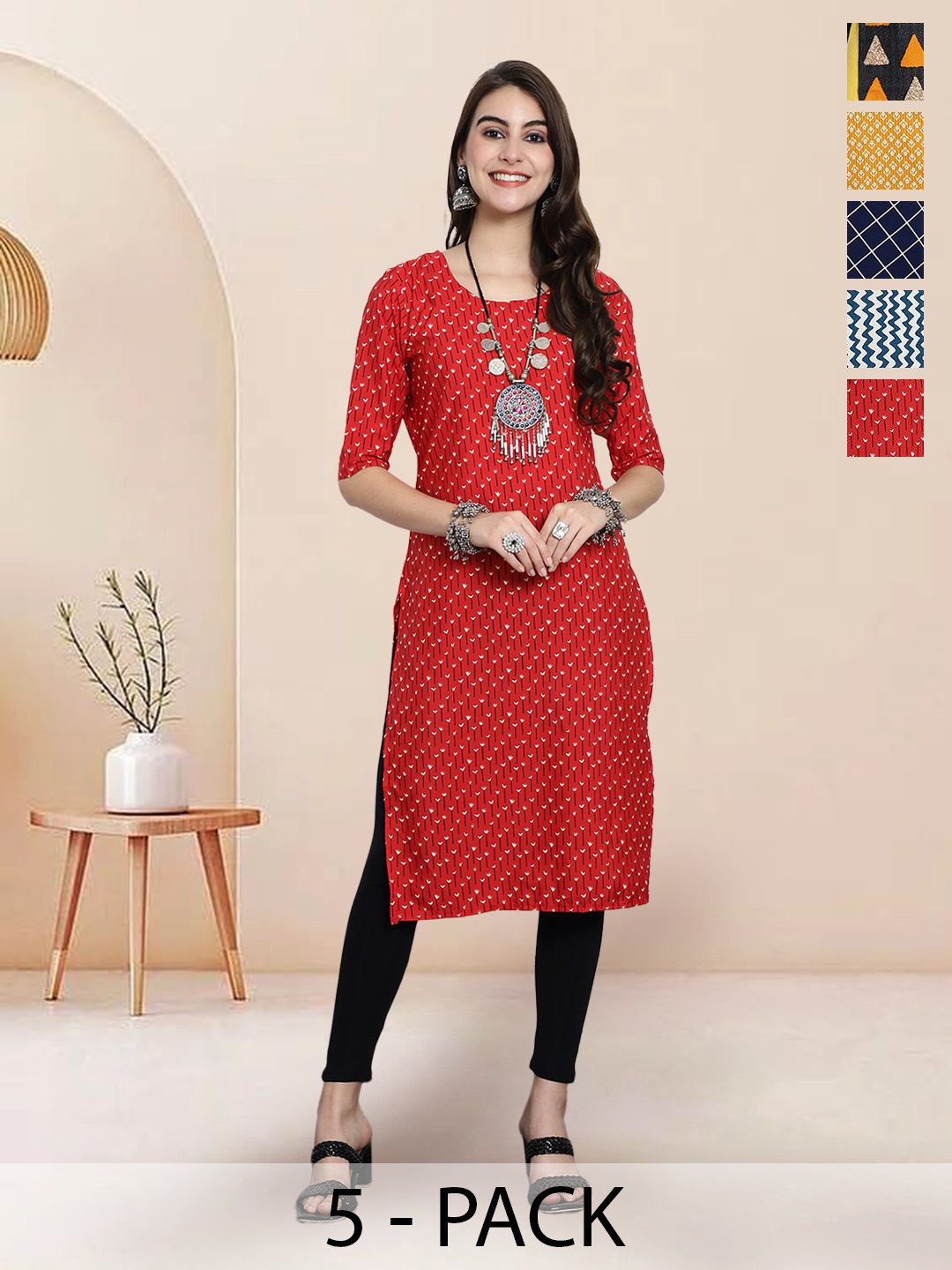 

7Threads Selection of 5 Floral Printed Round Neck Straight Kurtas, Red