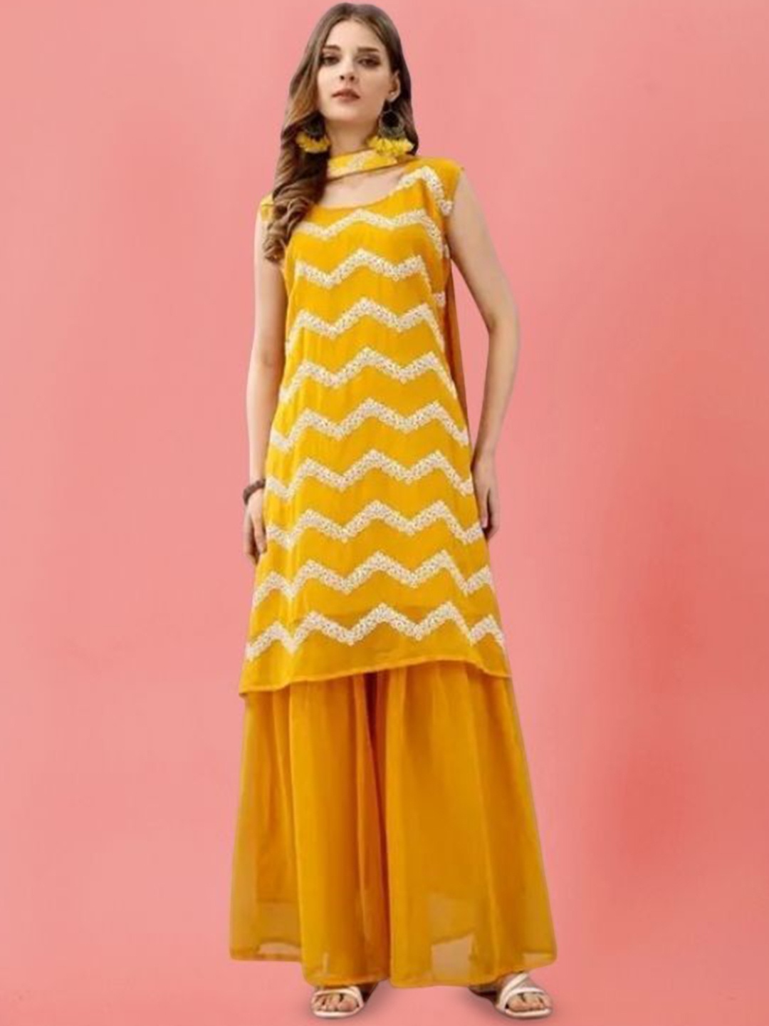 

PARROT CREATION Chevron Embroidered Georgette A-Line Kurti With Sharara And Dupatta, Yellow