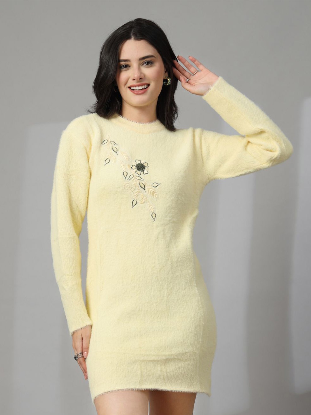 

all about you Floral Embroidered Woollen Bodycon Dress, Yellow