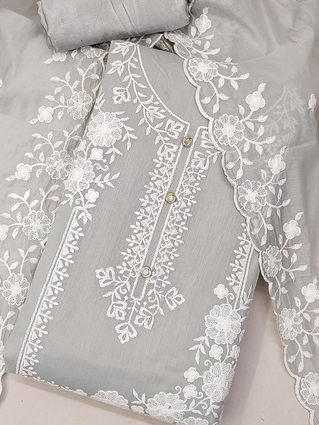 

SAINOOR Floral Embroidered Chanderi Cotton Unstitched Dress Material, Grey