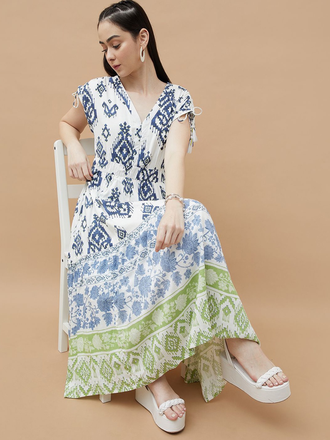 

Colour Me by Melange Ethnic Motifs Print Maxi Midi Dress, Off white