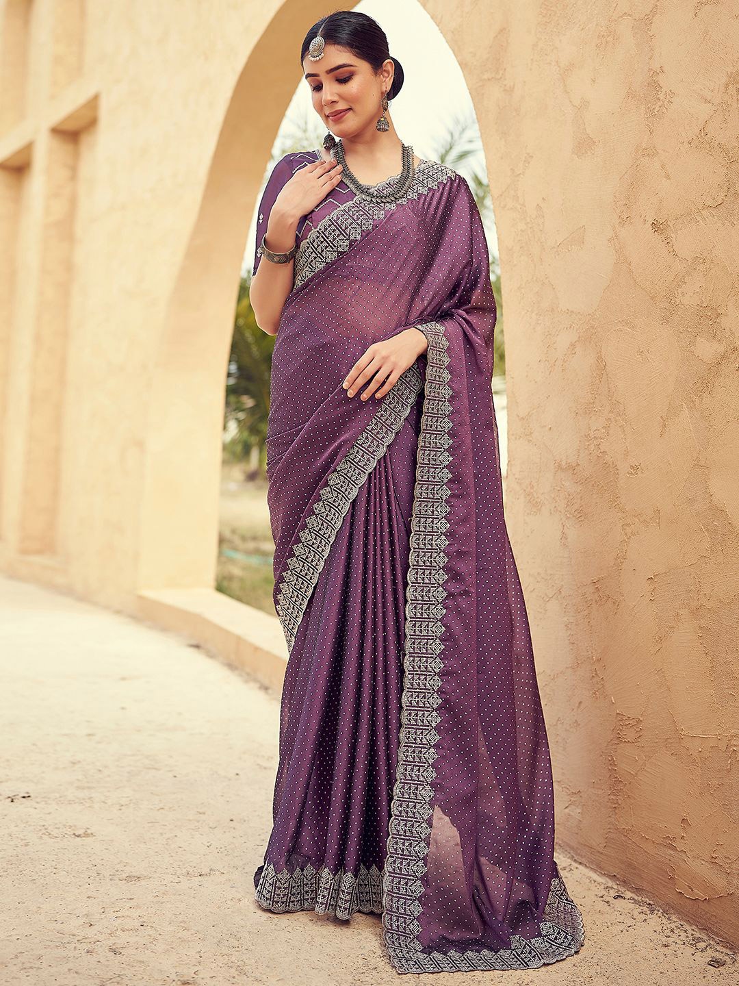 

all about you Embellished Embroidered Pure Georgette Saree, Purple