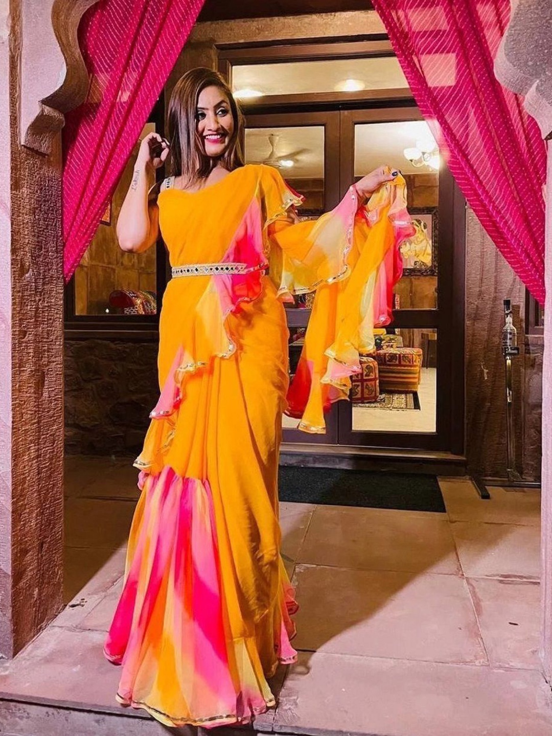 

Moda Rapido Floral Printed Pure Georgette Ruffles Saree, Mustard