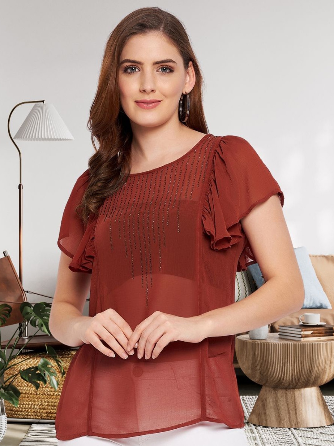 

DressBerry Embellished Studded Georgette Top, Rust