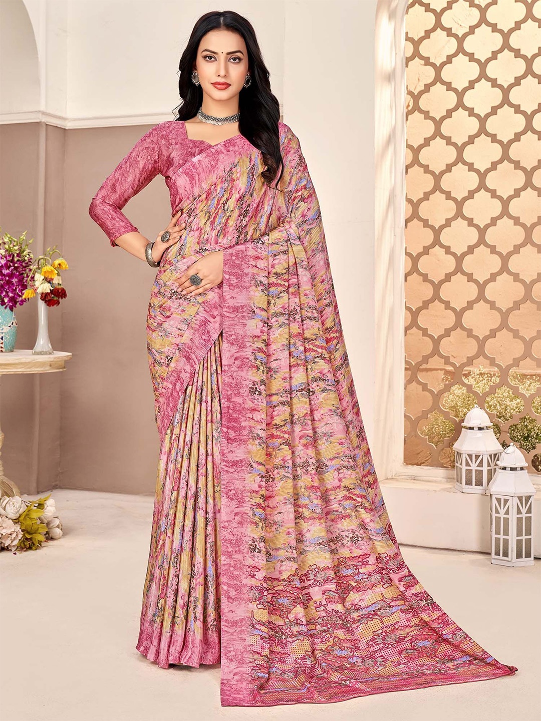 

KALINI Poly Crepe Sungudi Saree, Pink