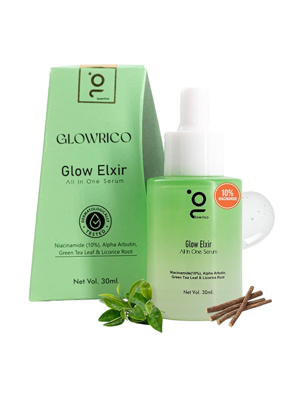 

Glowrico Glow Elixir All In One Face Serum For Deep Hydration With 10 % Niacinamide 30 ml, Green