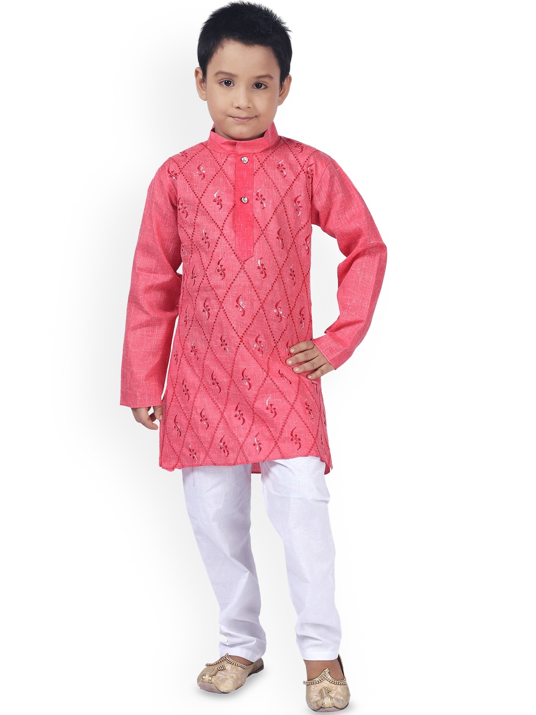 

Cae Boys Geometric Embroidered Mandarin Collar Straight Kurta with Pyjamas, Pink
