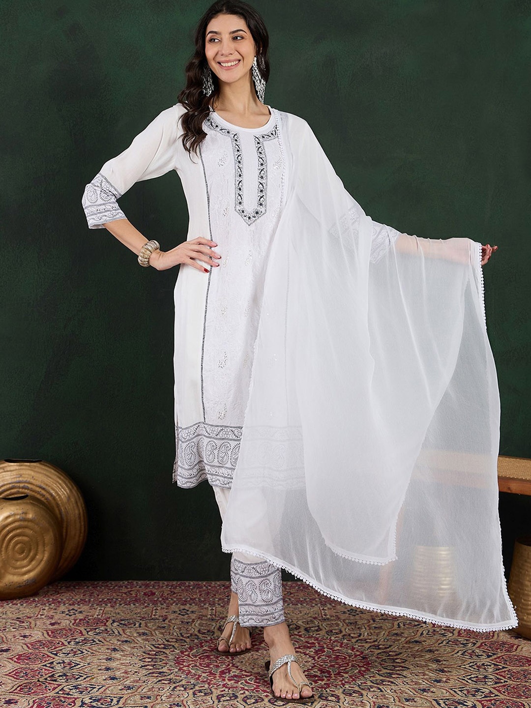 

Sangria Floral Embroidered Sequinned Round Neck Straight Kurta With Trousers And Dupatta, White
