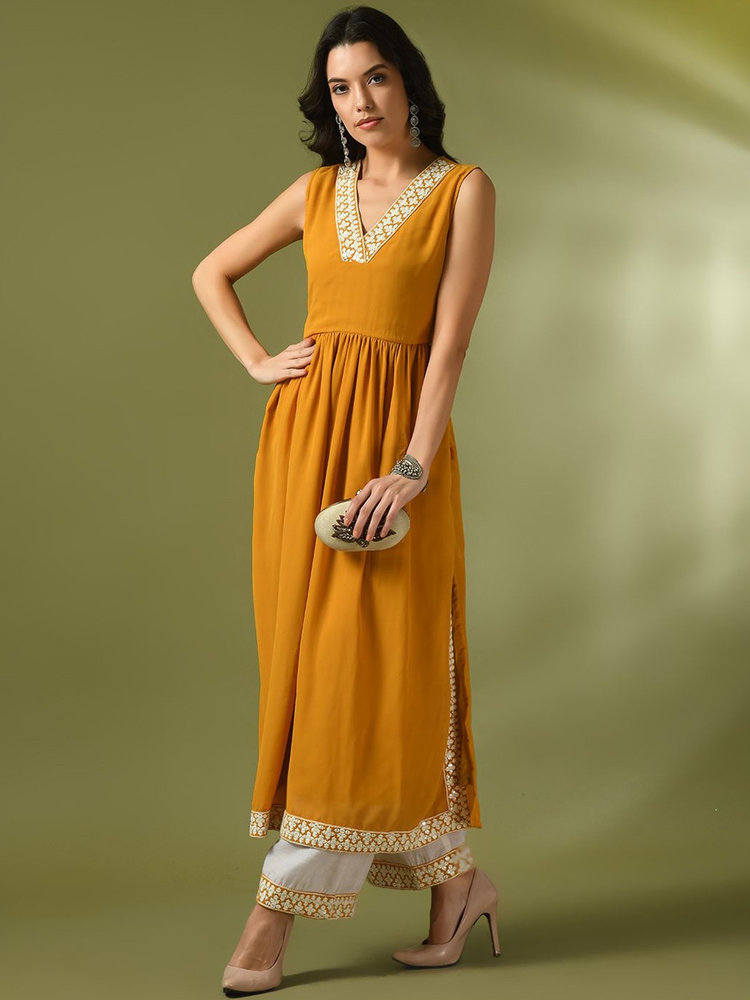 

KALINI Floral Yoke Design V Neck Pleated Georgette A-Line Kurta With Palazzos, Yellow