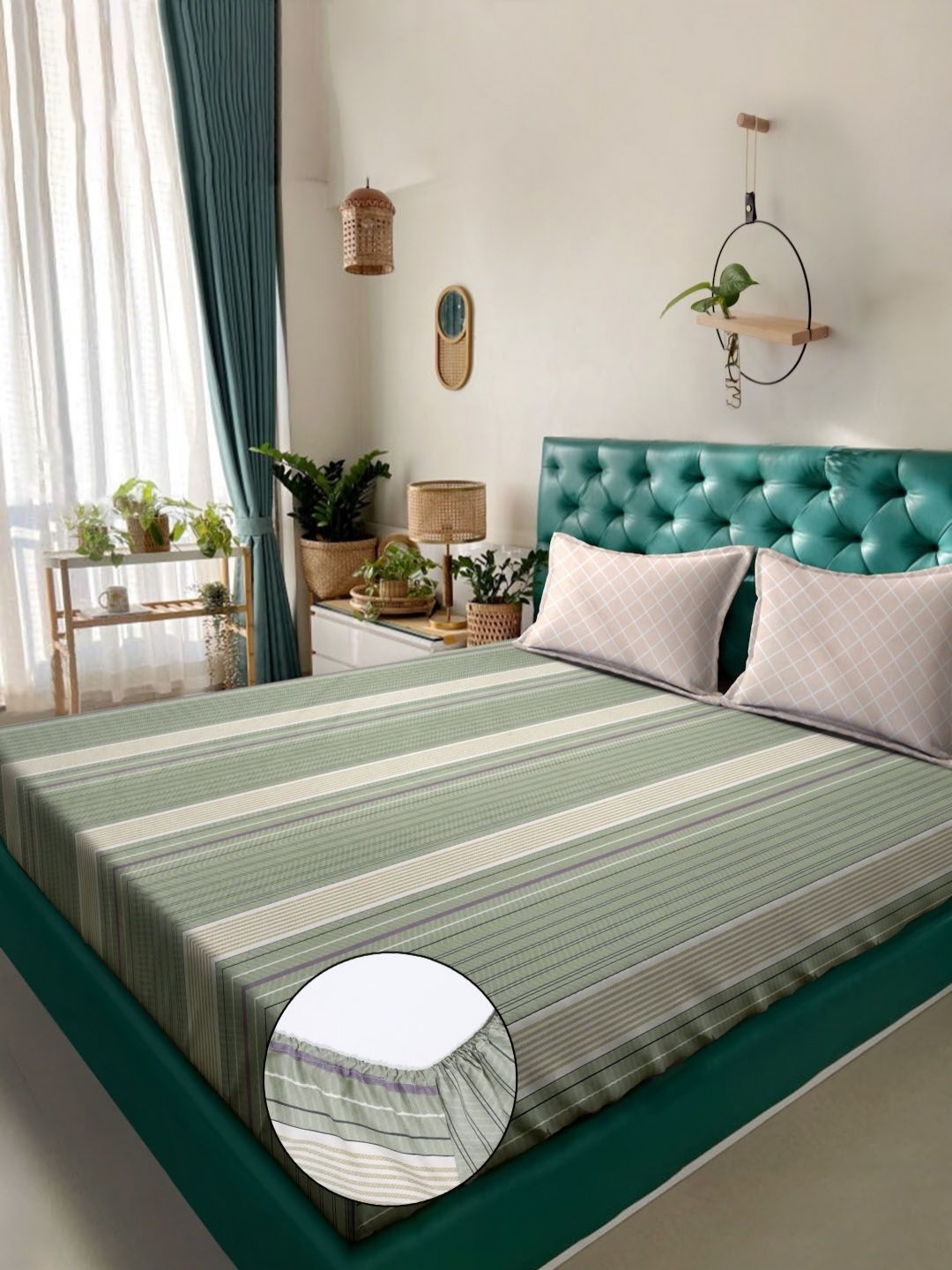 

KLOTTHE Green & Beige Striped Printed Fitted 300 TC King Bedsheet With 2 Pillow Cover