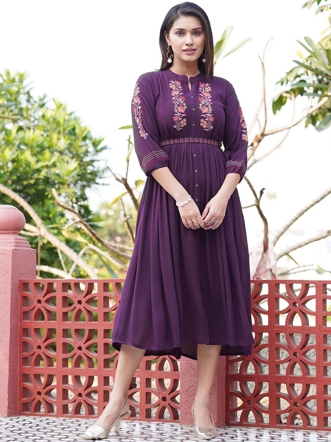 

KODILA ENTERPRISE Floral Embroidered Mandarin Collar Pleated Ethnic Dress, Purple
