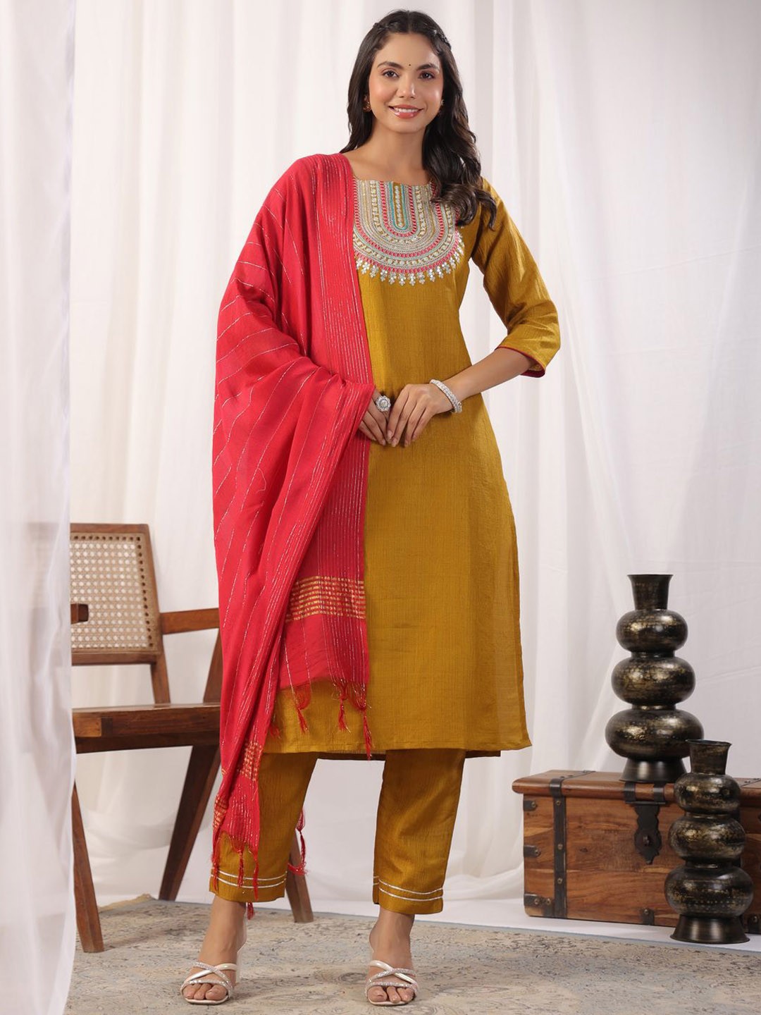 

KALINI Sequinned Embroidered Round Neck Kurta With Trousers & Dupatta, Mustard