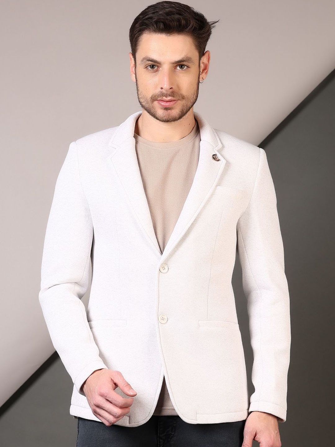 

V-Mart Cotton Notched Lapel Single Breasted Blazer, Cream