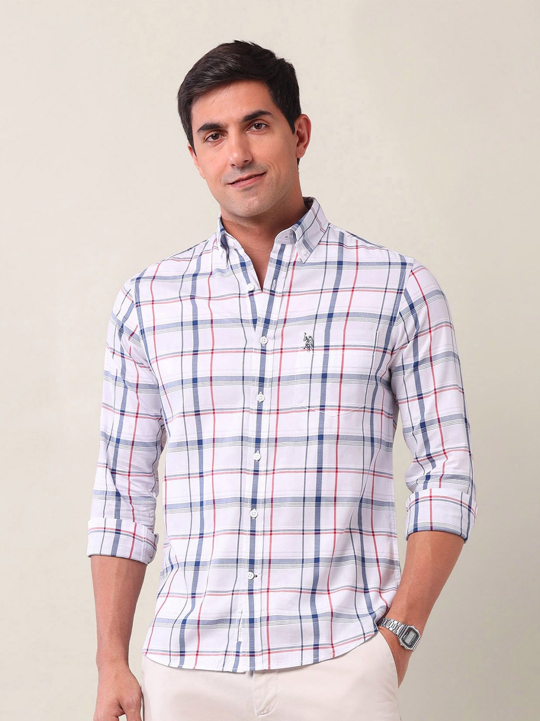 

U.S. Polo Assn. Men Tailored Fit Opaque Checked Casual Shirt, Blue