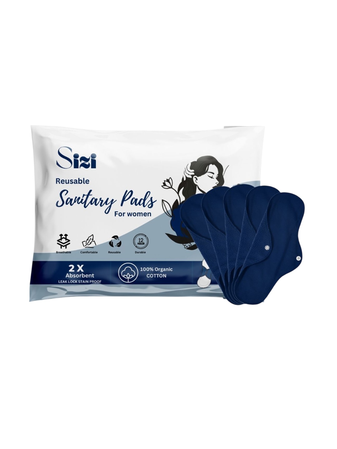 

Sizi Super Absorbent Washable & Reusable Eco-Friendly Sanitary Pads- 5 Pads- XL, Navy blue