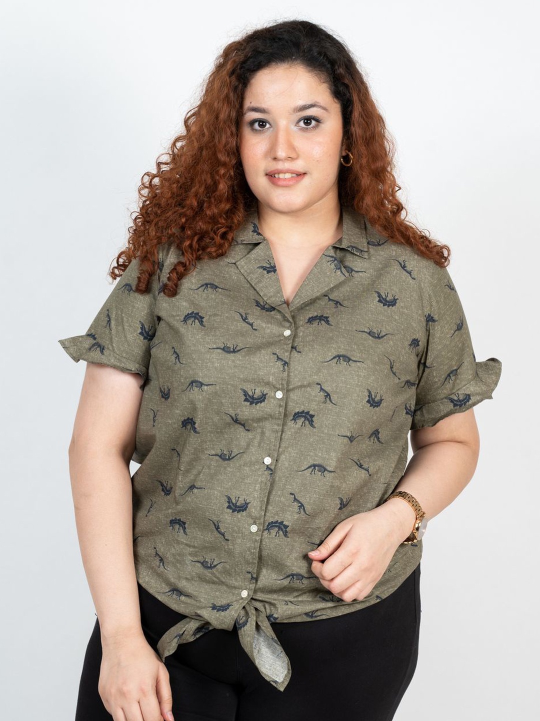 

XOXO Cherry Women Printed Lapel Collar Cotton Shirt Style Top, Green