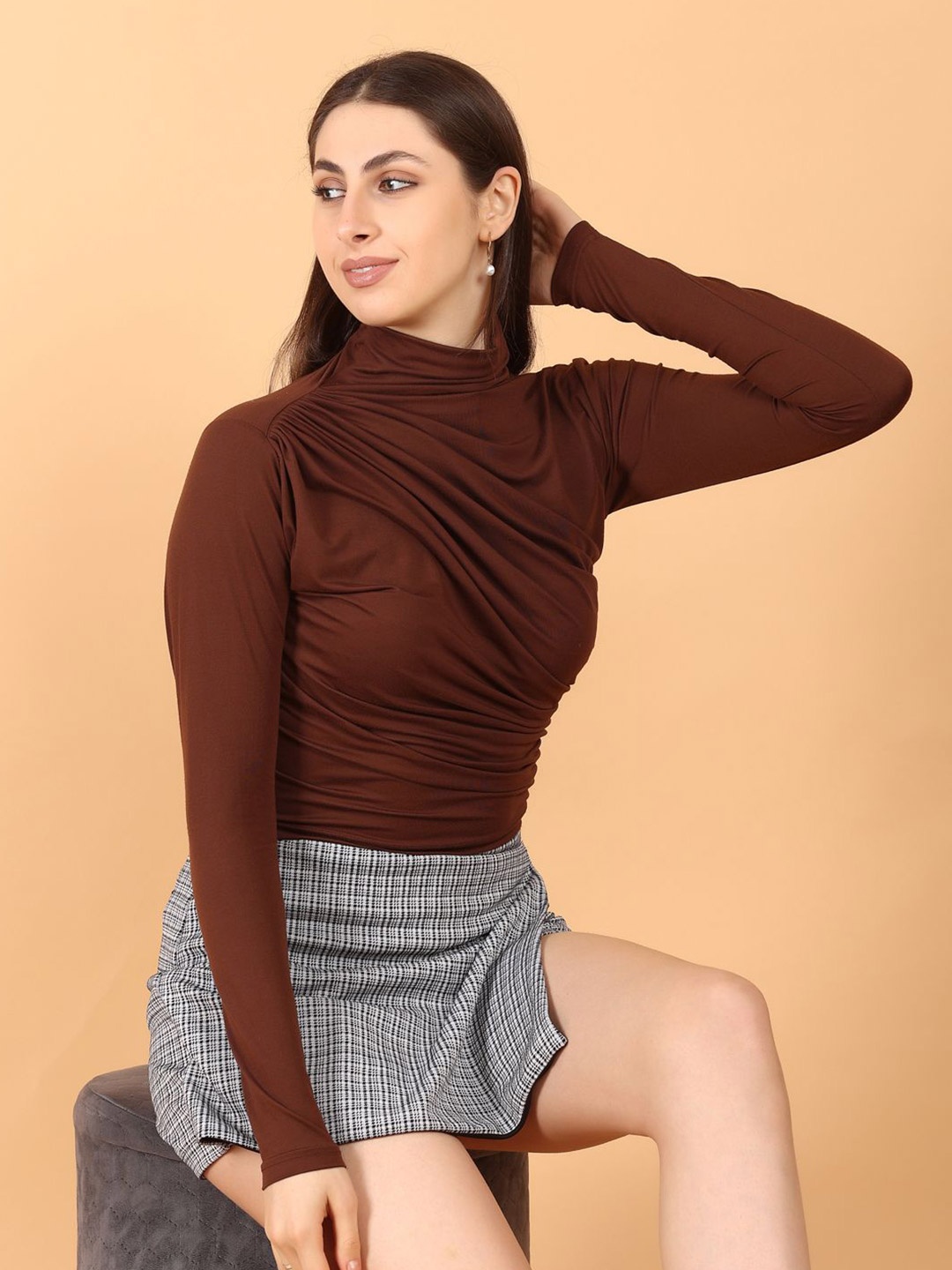 

SIGHTBOMB Solid Self Design Regular sleeves Top, Brown