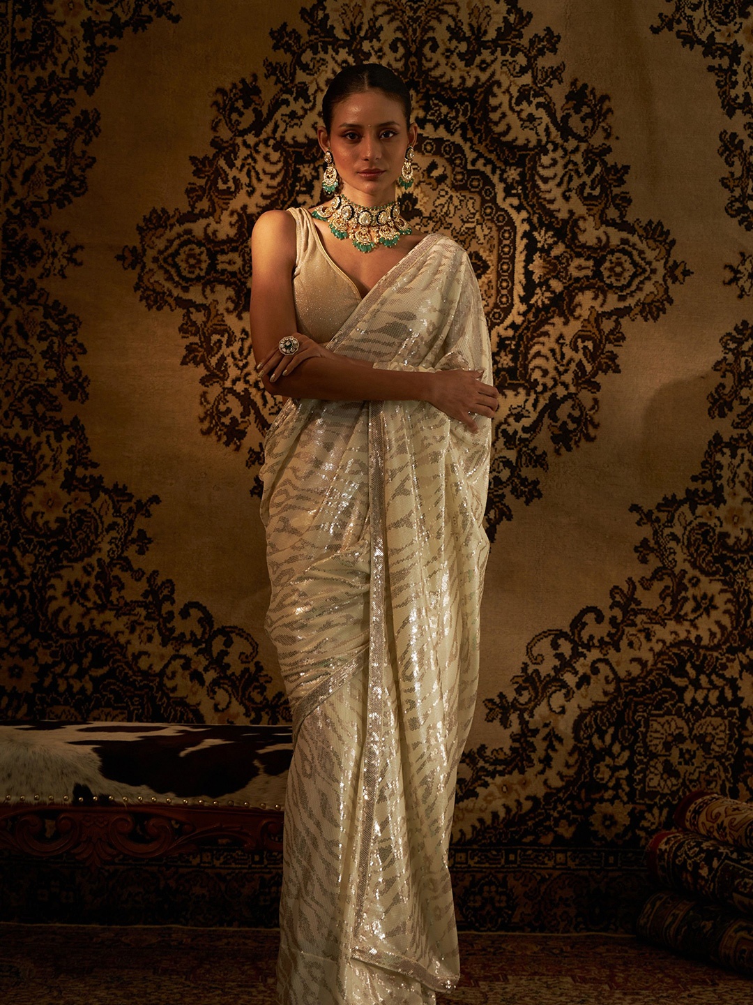 

Sabaahat Pure Georgette Embellished Sequinned Saree, Off white
