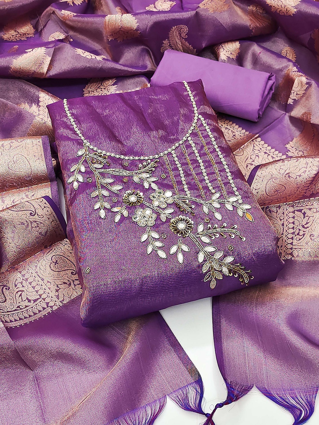 

SAINOOR Embellished Semi-Stitched Dress Material, Lavender