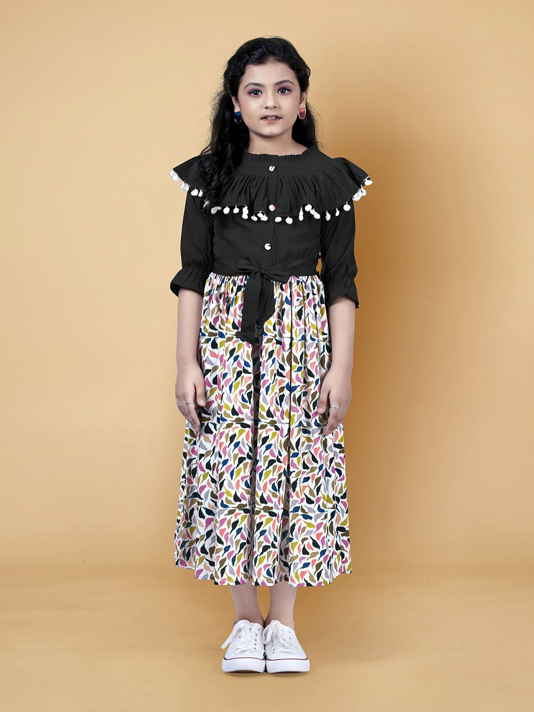 

YK Girls Embellished Printed Crepe Round Neck Fit & Flare Midi Dress, Black