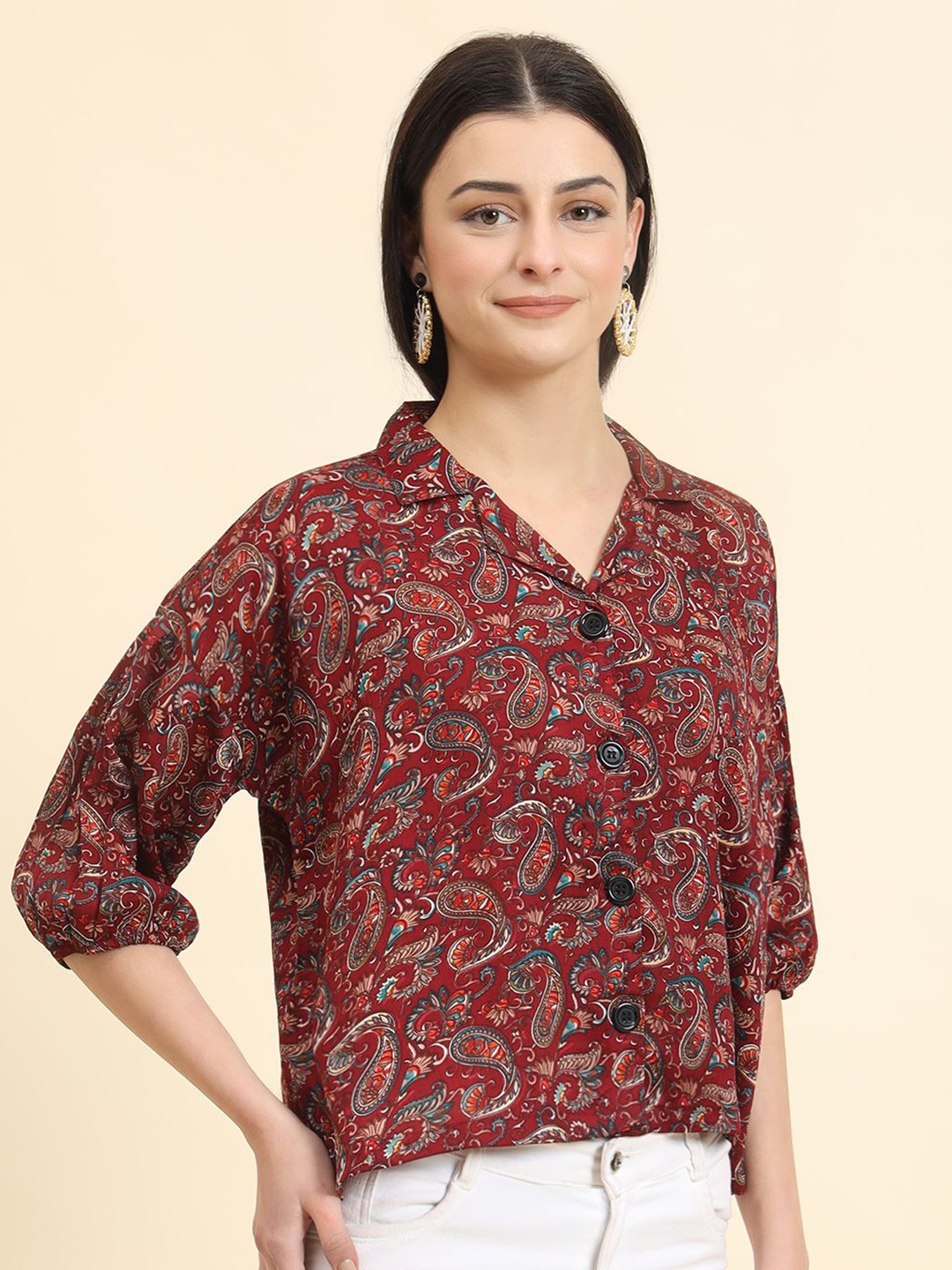 

DressBerry Women Classic Boxy Opaque Printed Casual Shirt, Maroon