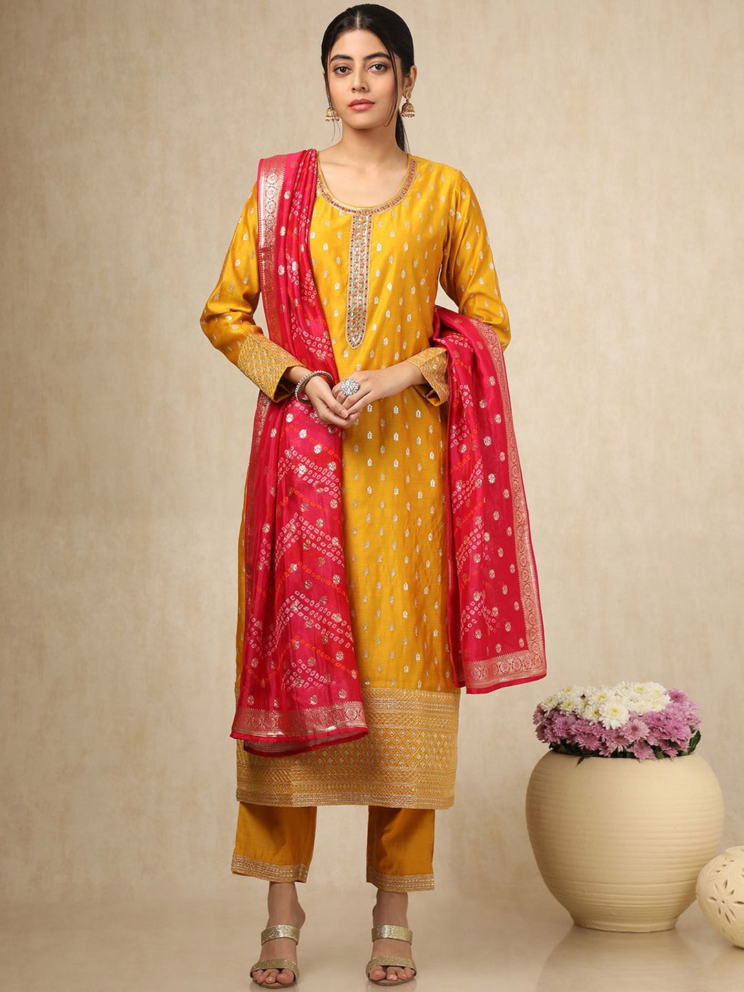 

Soch Floral Embroidered Sequinned Chanderi Cotton Straight Kurta With Trousers & Dupatta, Mustard