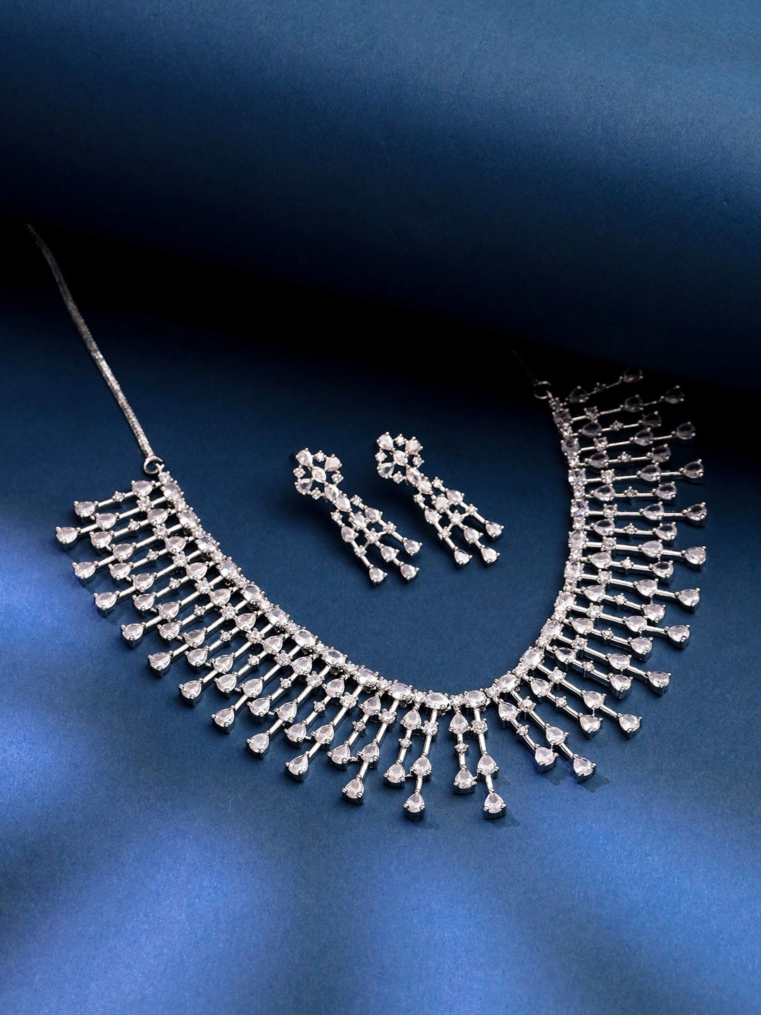 

Yellow Chimes Rhodium-Plated American Diamond-Studded Jewellery Set, Silver