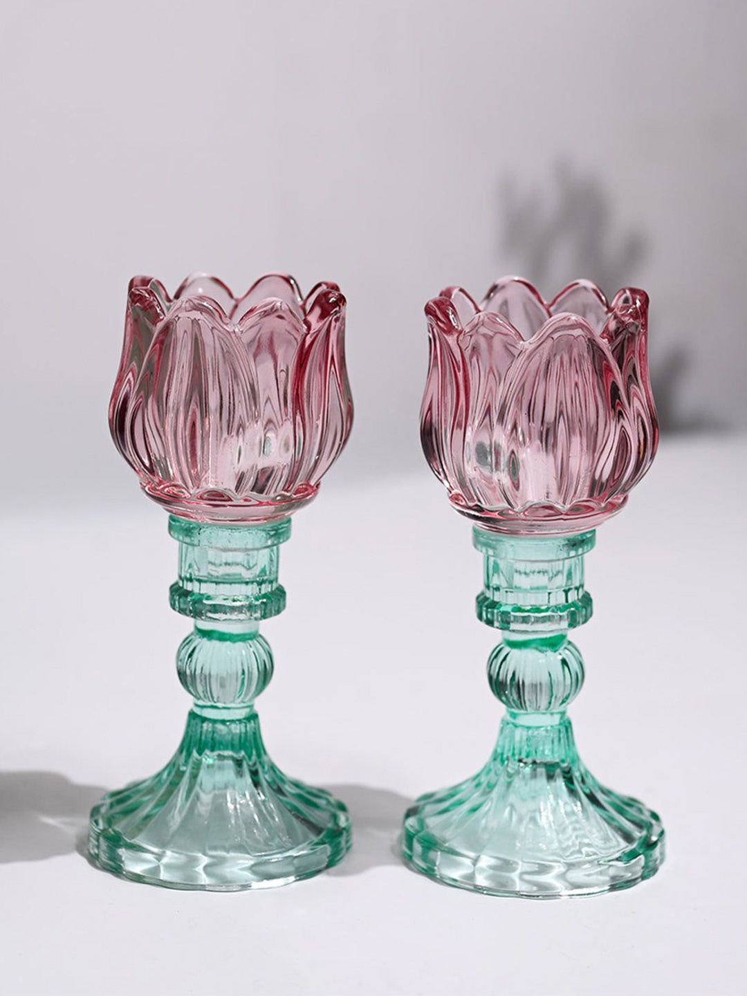 

MARKET99 Green & Pink Set of 2 Lotus Glass T-Light Candle Holders