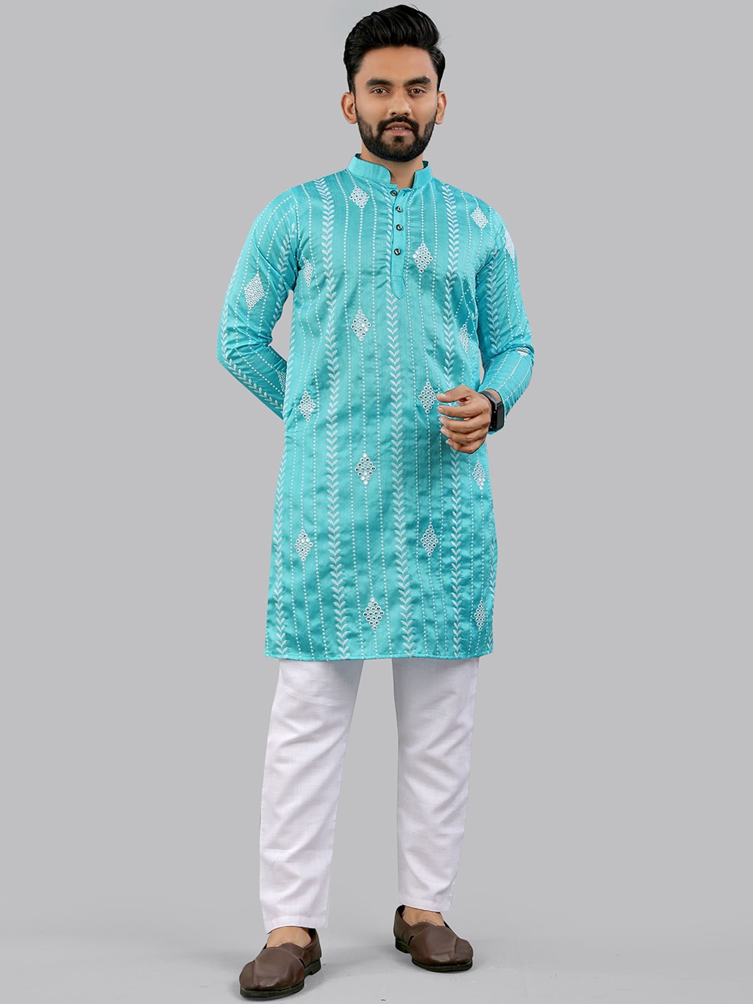

CHARLOTTE GRACIOUS Men Embroidered Sequinned White Romance Kurta, Blue