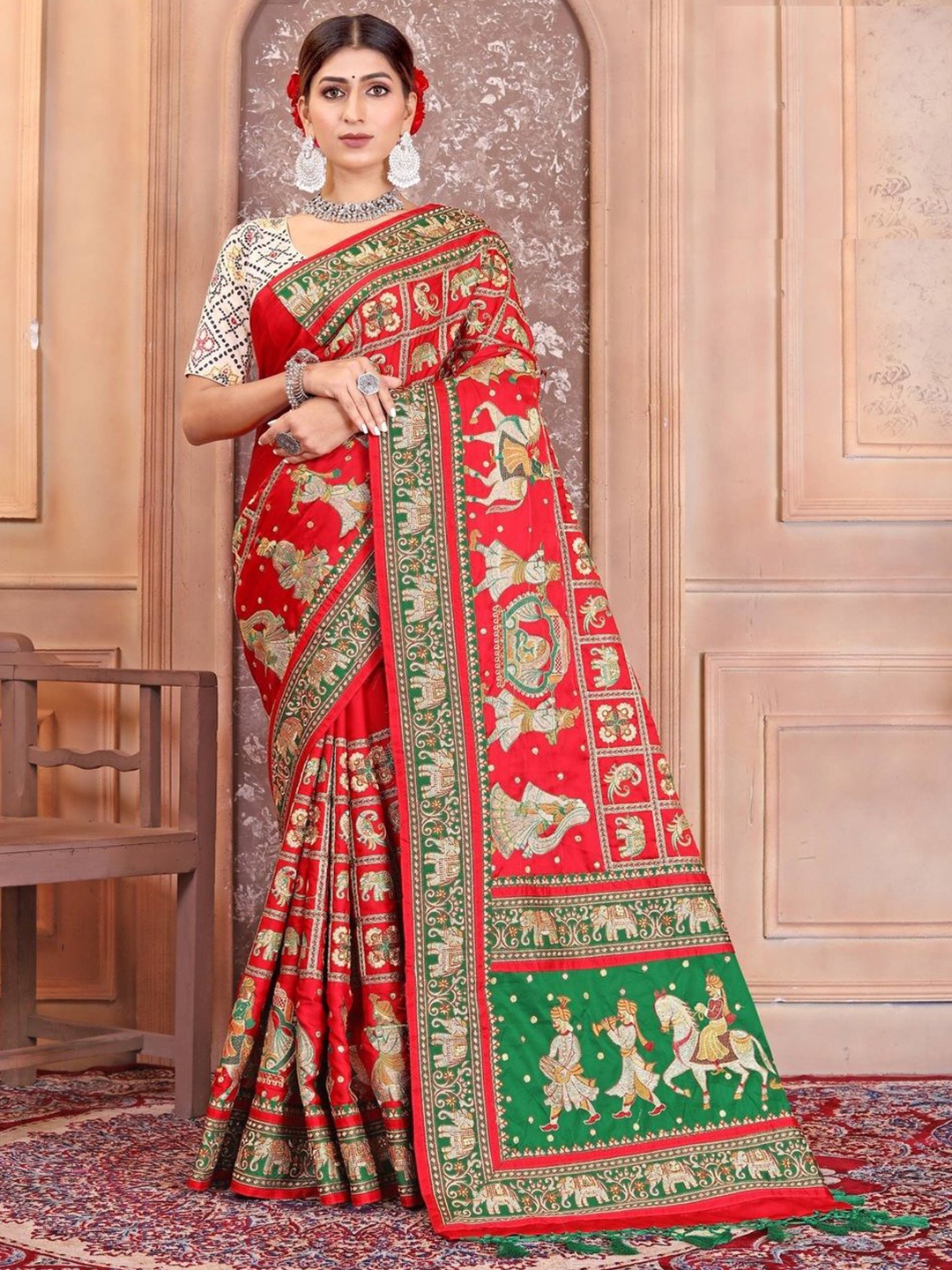 

CRAFTYSTYLES Kalamkari Silk Blend Saree, Red
