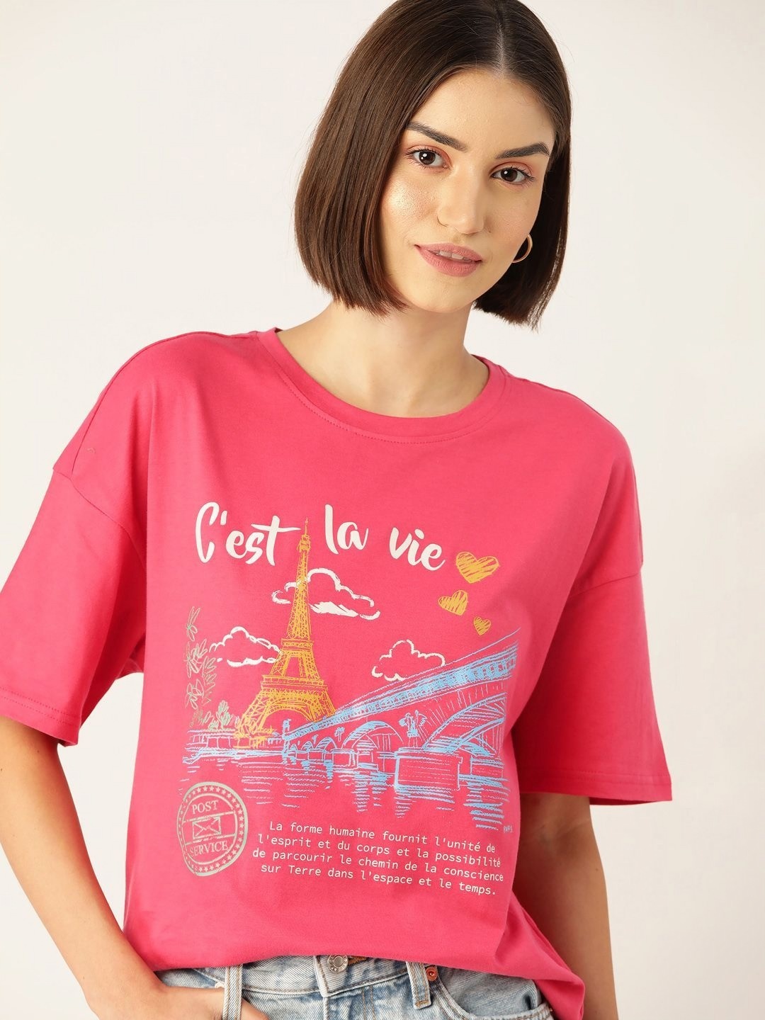 

DressBerry Women Printed Drop-Shoulder Sleeves Applique T-shirt, Red