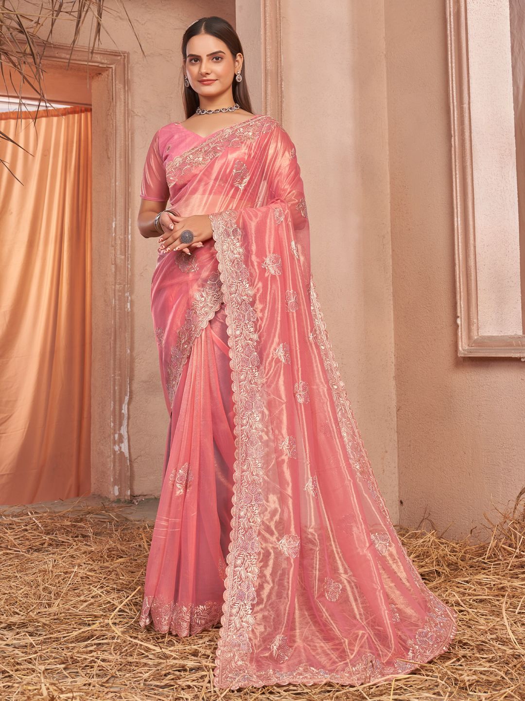 

DIVASTRI Embellished Embroidered Net Designer Saree, Peach