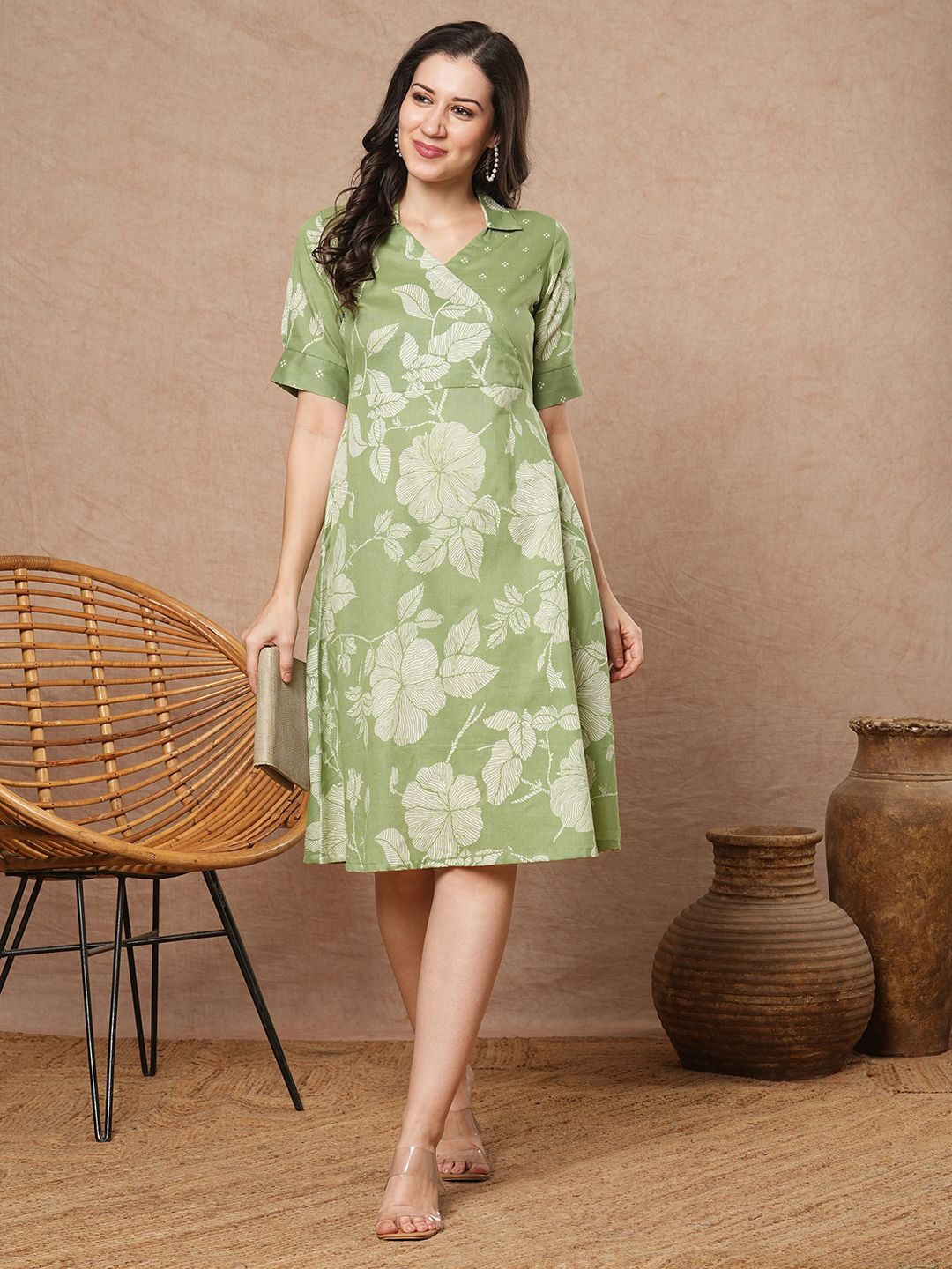 

KAMI KUBI Women Floral Printed Pure Cotton A-Line Midi Dress, Green