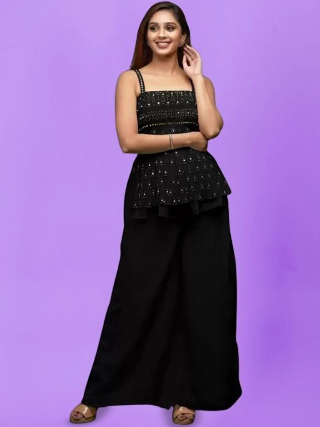 

PARROT CREATION Floral Embroidered Georgette A-Line Kurti With Palazzos And Dupatta, Black