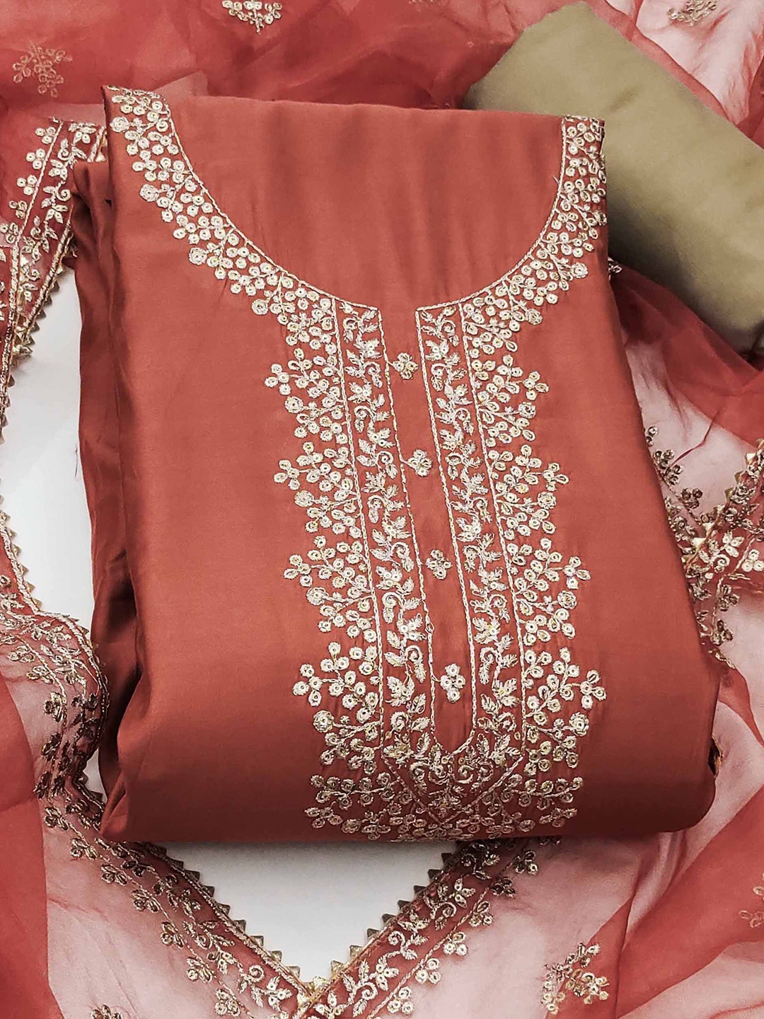 

SAINOOR Embroidered Pure Cotton Semi-Stitched Dress Material, Rust