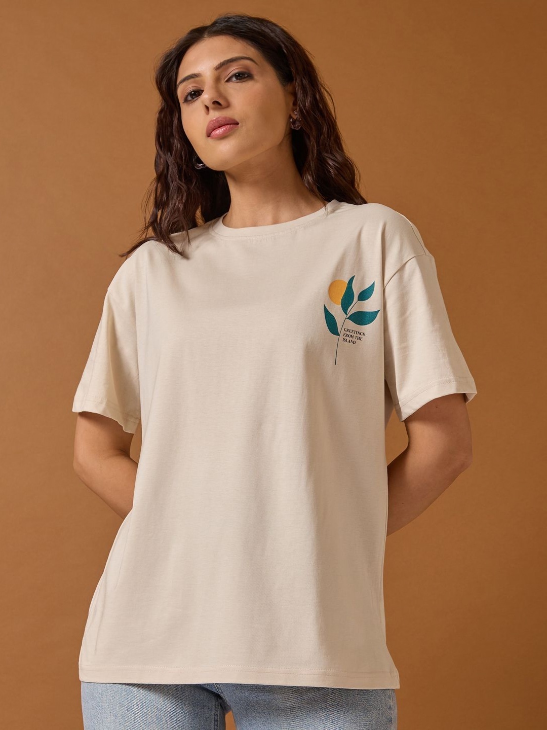 

Mast & Harbour Women Floral Printed Round Neck Cotton Relaxed Fit T-shirt, Cream