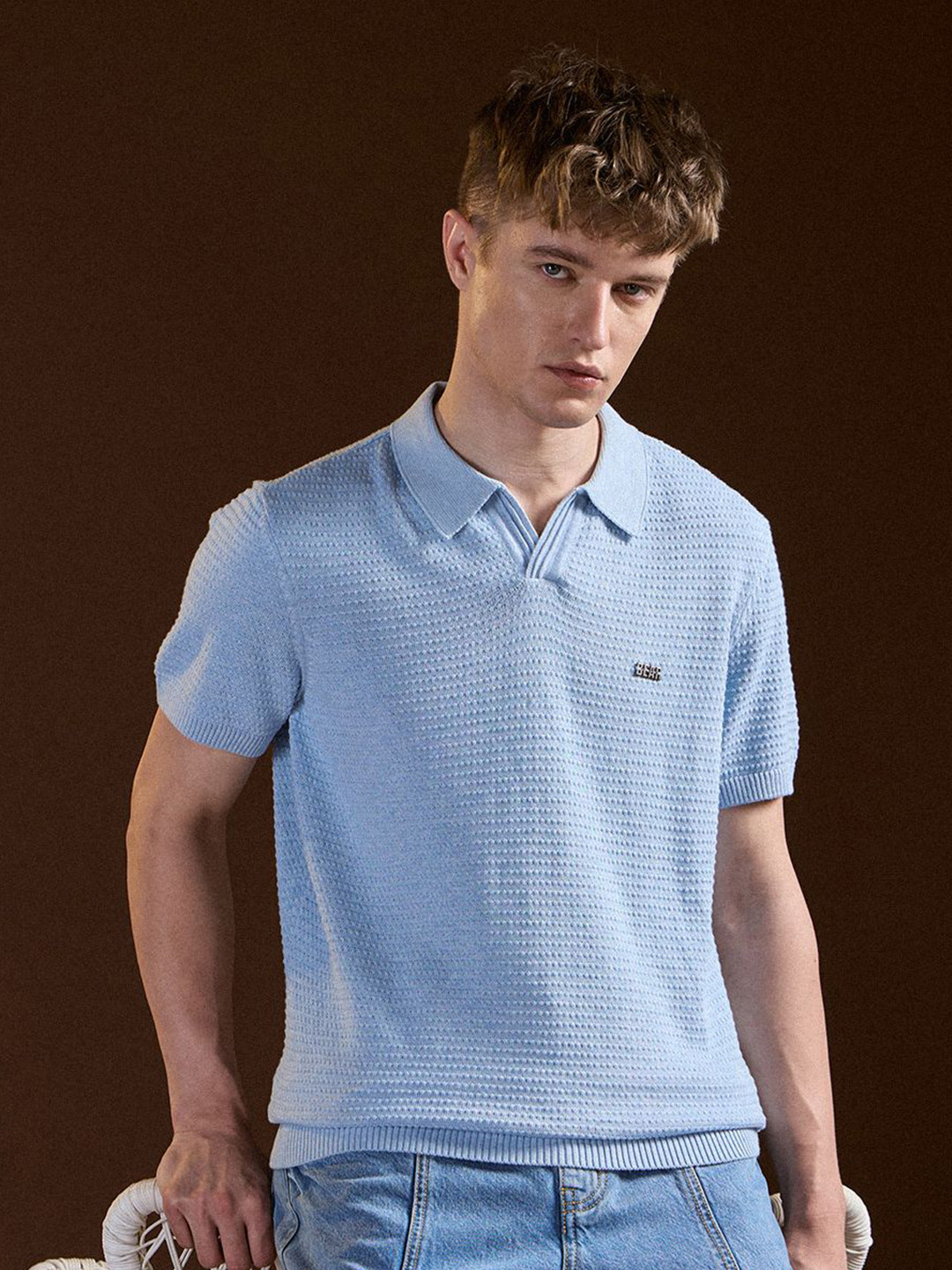 

THE BEAR HOUSE Men Self Design Polo Collar Cotton Slim Fit T-shirt, Blue