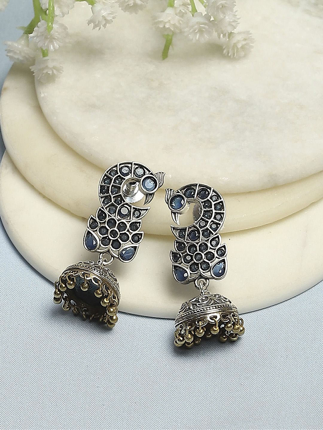 

Biba Silver-Plated Artificial Stones And Beads Beaded Contemporary Shaped Drop Earrings