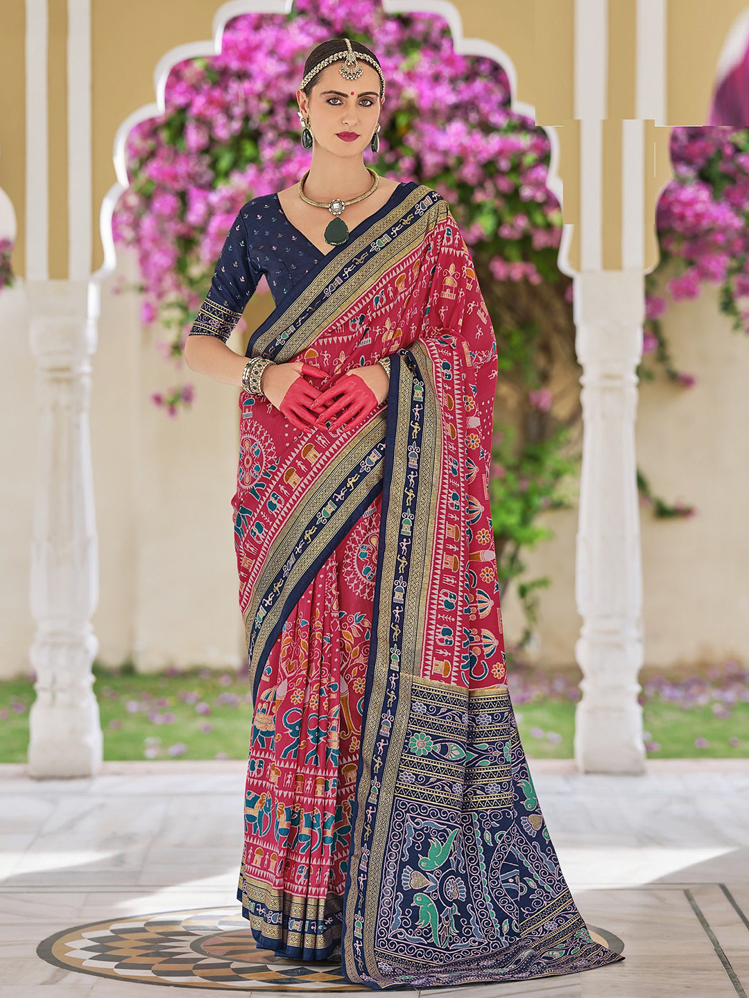 

MAHALASA Woven Design Pure Silk Patola Saree, Pink