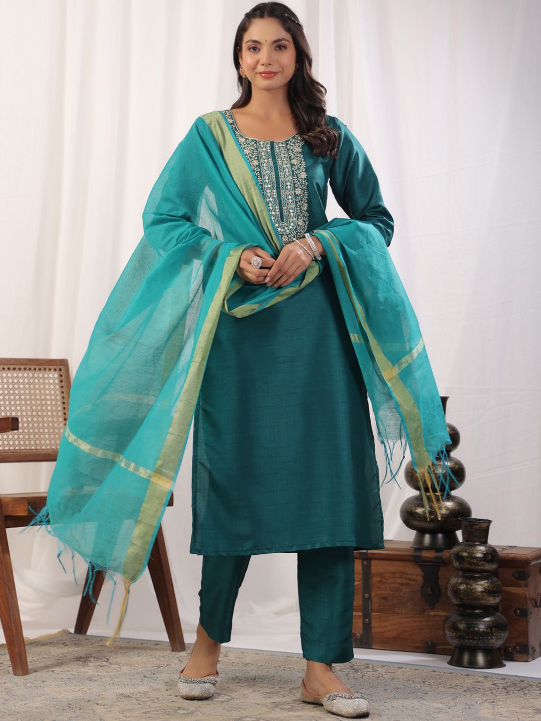 

KALINI Floral Embroidered Thread Work Round Neck Straight Kurta With Trousers & Dupatta, Teal