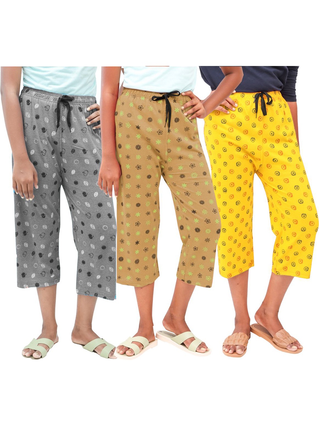 

AFRA GARMENTS Women Pack of 3 Printed Cotton Capris, Grey melange