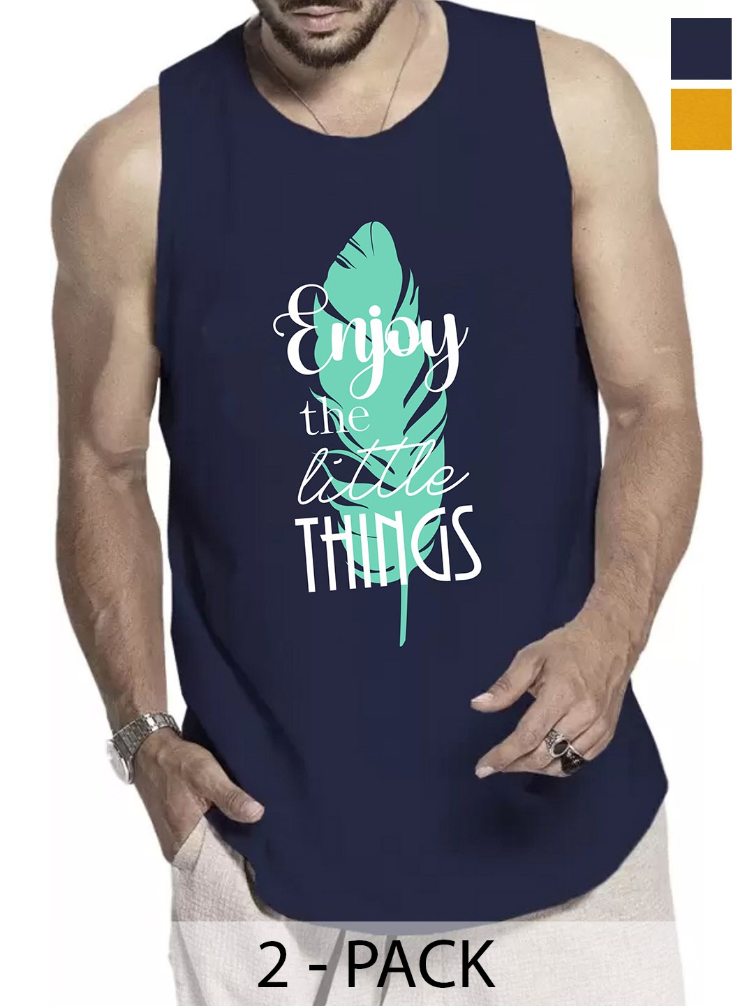 

WOOSTRO Pack Of 2 Cotton Printed Gym Vests, Navy blue