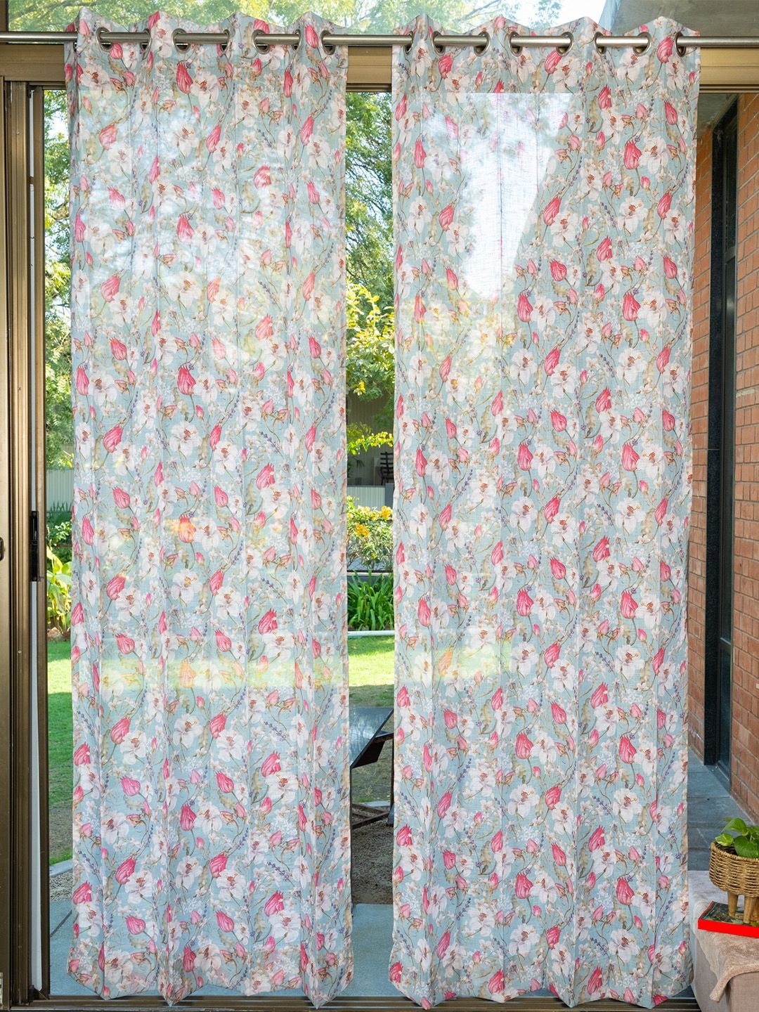 

URBAN SPACE Green & Pink Pack of 2 Floral Printed Sheer Door Curtains