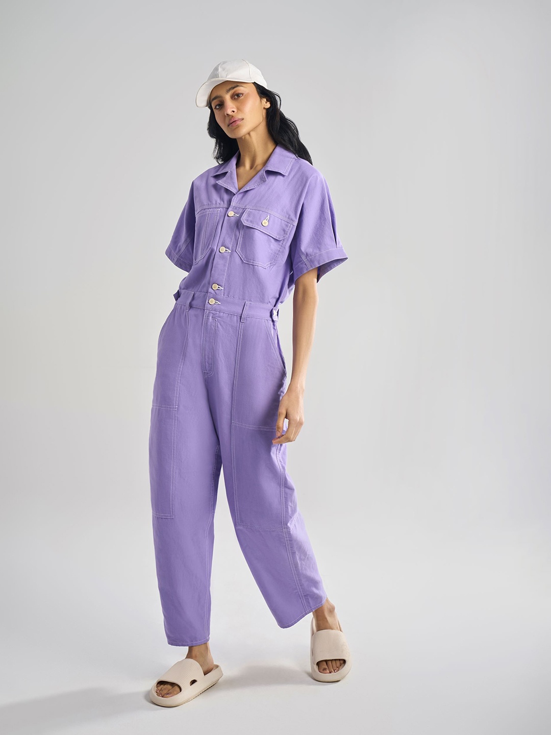 

Terra Luna Women Shirt Collar Basic Jumpsuit, Purple