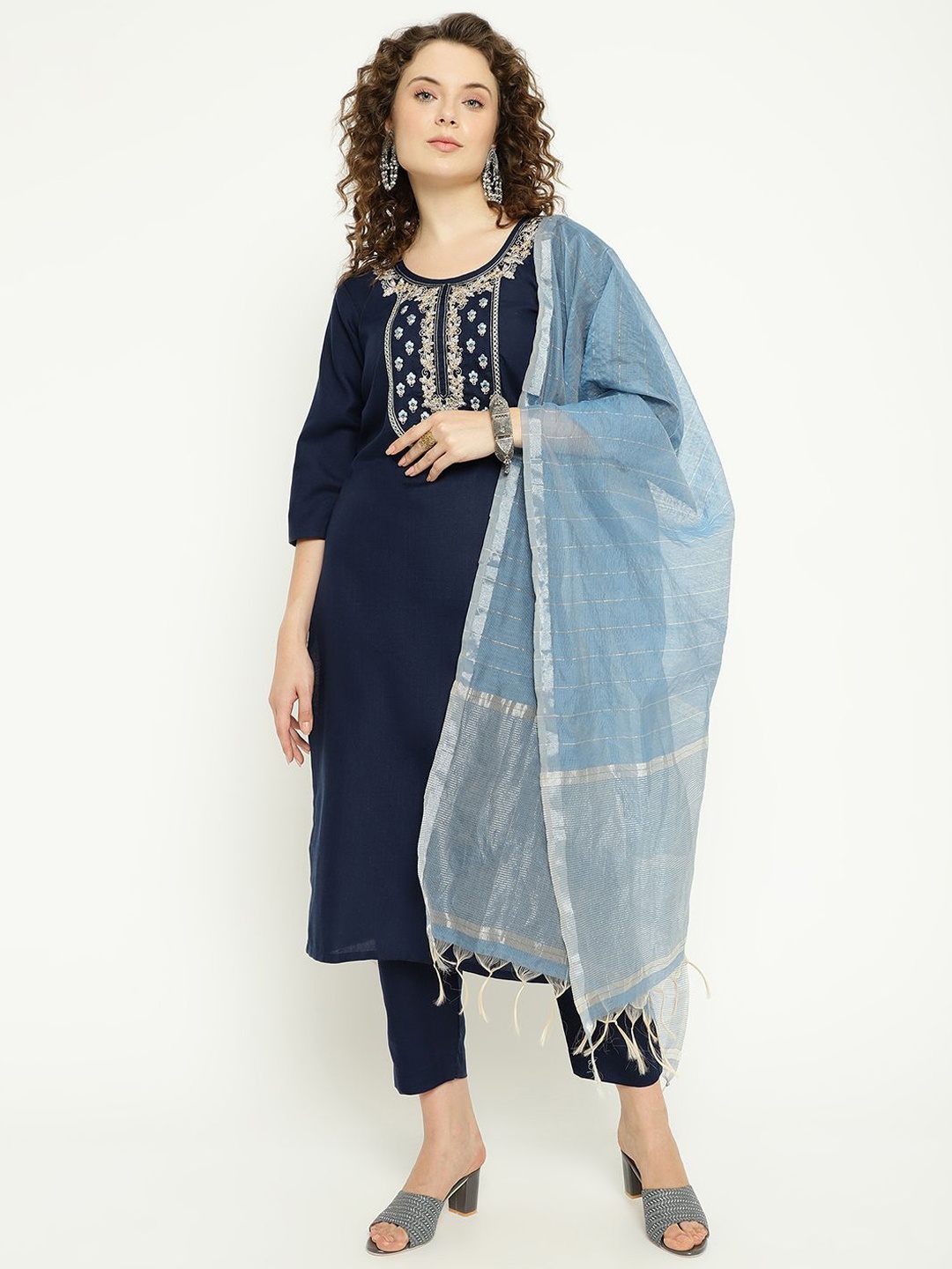 

KALINI Embroidered Round Neck Kurta With Trousers & Dupatta, Navy blue