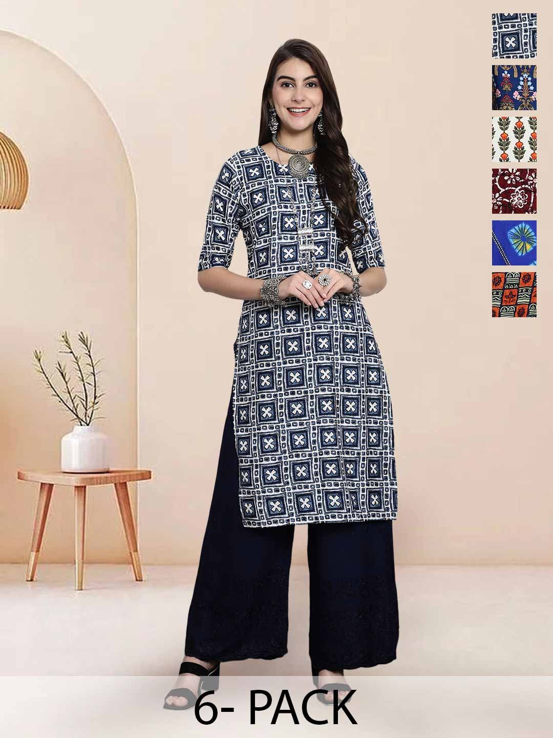 

7Threads Selection of 6 Ethnic Motifs Printed Round Neck Straight Kurtas, Blue