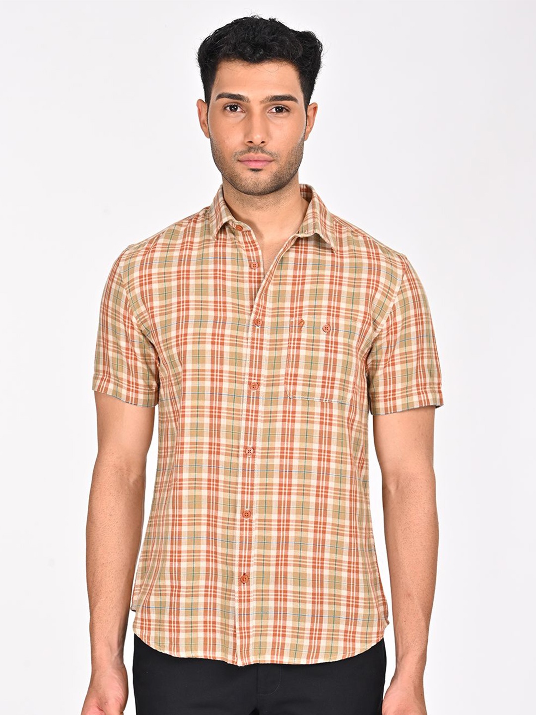 

Indian Terrain Men Classic Slim Fit Opaque Checked Casual Shirt, Brown